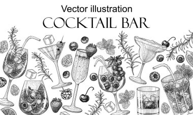  Kabartma tarzında soğuk içeceklerin vektör pankartı. Çizgisel aperol spreyi, mojito, çilek şampanyası, dut kokteyli, martini, buzlu viski, vişneli margarita.