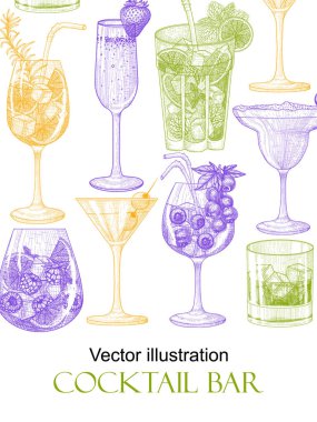  İçki sancağının tasviri oyma tarzında gözlüklerle. Çizgisel aperol, mojito, çilek şampanyası, dut kokteyli, martini, buzlu viski, vişneli margarita.