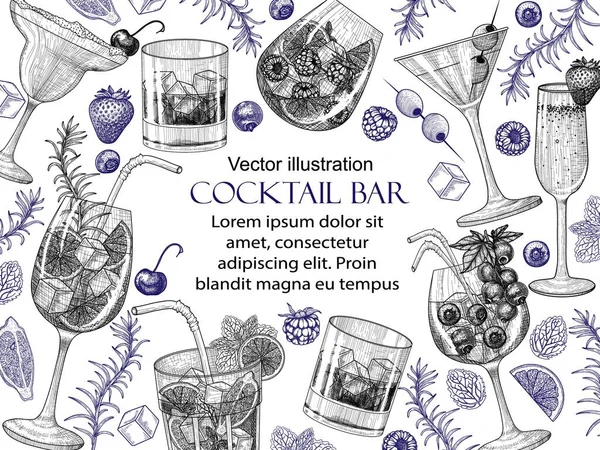 Cadre Vectoriel Boissons Froides Dans Des Verres Style Gravure Graphic — Image vectorielle