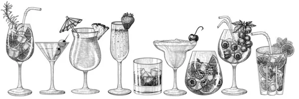 Ensemble Vectoriel Boissons Différentes Dans Des Verres Style Gravure Graphic — Image vectorielle