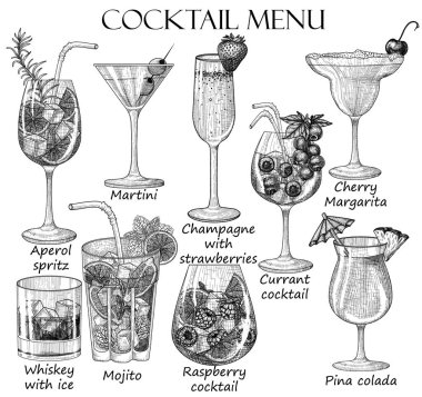  İşleme tarzında 9 soğuk içecek seti. Çizgisel aperol spreyi, mojito, çilek şampanyası, dut kokteyli, martini, buzlu viski, vişneli margarita, pina colada.