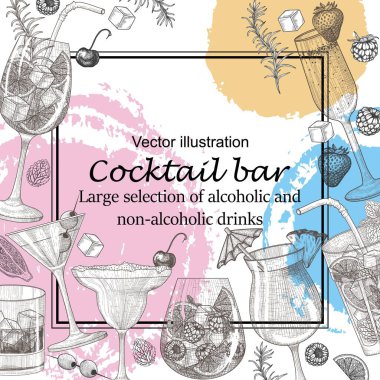  Soğuk içecek afişinin kabartma tarzında bir tasviri. Çizgisel aperol spreyi, mojito, çilek şampanyası, dut kokteyli, martini, buzlu viski, vişneli margarita, pina colada.