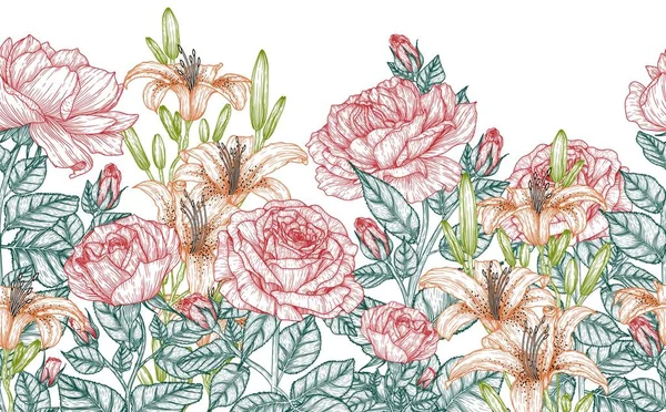Бесшовный Горизонтальный Узор Сад Графических Линейных Цветов Красные Розы Оранжевые — стоковый вектор