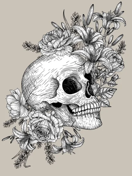 Vector Illustration Human Skull Flowers Style Engraving — Vetor de Stock