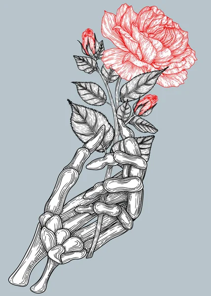 Vector Illustration Skeleton Hand Holding Rose Flower Engraving Style — 스톡 벡터
