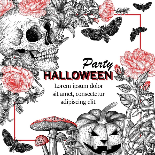 Vector Illustration Halloween Party Invitation Template Engraving Style Graphic Linear — 图库矢量图片
