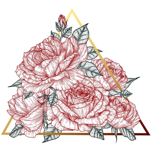 Εικονογράφηση Διάνυσμα Των Γραφικών Γραμμικών Τριαντάφυλλων Λουλούδια Μπουμπούκια Και Φύλλα — Διανυσματικό Αρχείο