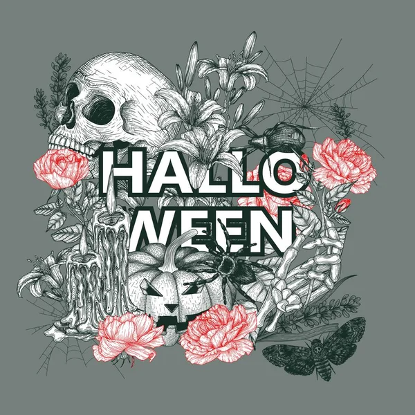 Vector Illustration Halloween Banner Template Engraving Style Graphic Skull Carved — 图库矢量图片