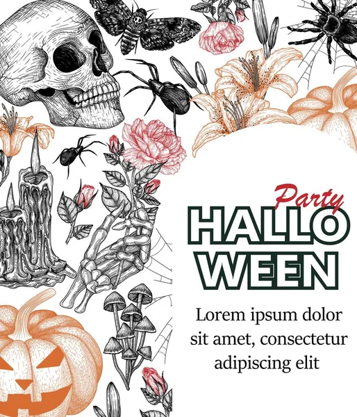 Vector Illustration Halloween Invitation Template Engraving Style Graphic Skull Carved — 图库矢量图片