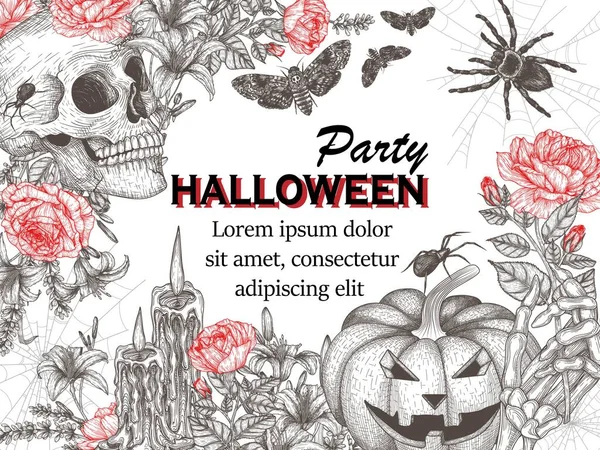 Vector Illustration Halloween Frame Engraving Style Graphic Skull Carved Pumpkin — 图库矢量图片