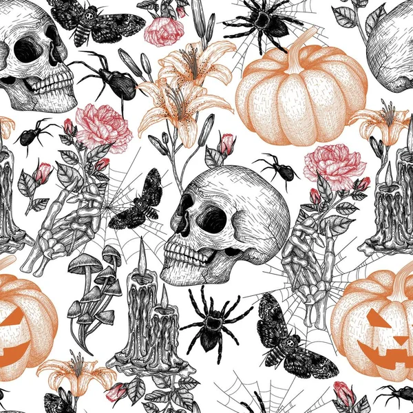 Seamless Vector Halloween Pattern Engraving Style Graphic Skull Carved Pumpkin — 图库矢量图片