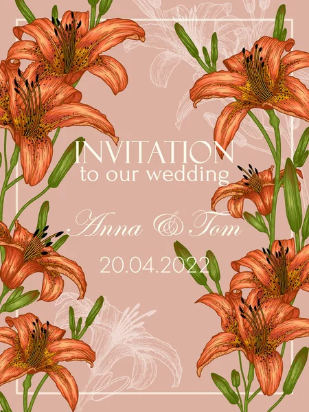 Vector Template Wedding Invitation Orange Lily Flowers — 스톡 벡터