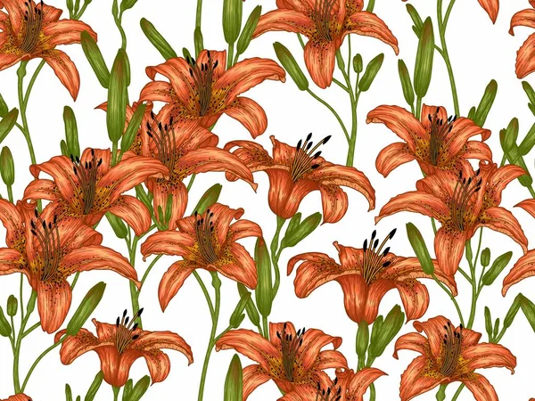 Seamless Vector Pattern Orange Lily Flower Garden — Vettoriale Stock