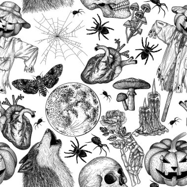  Kabartma tarzında kusursuz vektör Cadılar Bayramı deseni. Grafik kafatası, oyulmuş balkabağı, iskelet el, güve, tarantula örümceği, örümcek ağı, mumlar, dolunay, kurt, insan kalbi, korkuluk