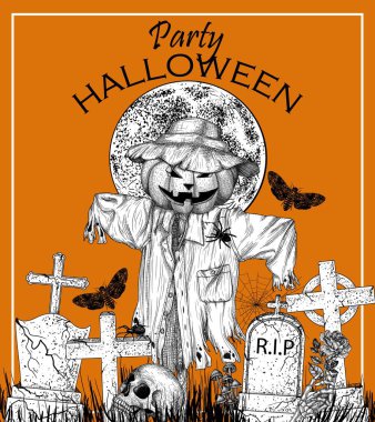   Vector illustration of invitation template in engraving style. Scarecrow with a carved pumpkin in the cemetery