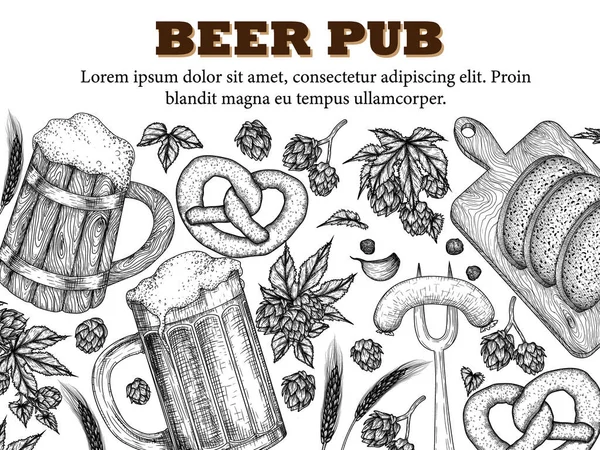 Vector Illustration Banner Template Beer Bar Engraving Style Graphic Linear — Stock vektor