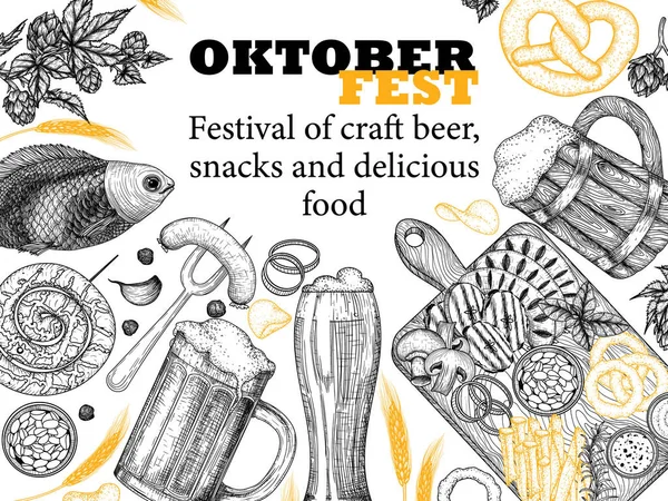 Vector Illustration Oktoberfest Banner Template Engraving Style Graphic Linear Cups — Vetor de Stock