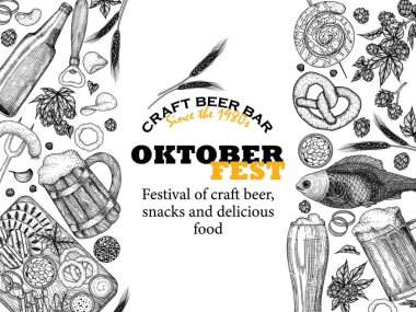  Oktoberfest afiş şablonunun oylama tarzında vektör illüstrasyonu. Grafik doğrusal bardaklar ve bira bardakları, zıpzıp, çubuk kraker, sosis, sarımsak, çerez tahtası, balık, sosis, cips, şişe.