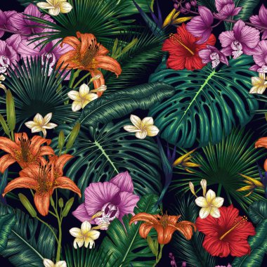  Seamless vector pattern with exotic plants. Graphic linear colored tropical flowers and leaves. Monstera, plumeria, orchid, palm and banana leaves, hibiscus, aralia, tiger lily, strelitzia