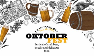  Vector illustration of beer banner template in engraving style. Graphic linear cups and glasses of beer, hops, spikelets, pretzel, sausages, snacks, fish, sausages, chips, bottle, wooden barrel