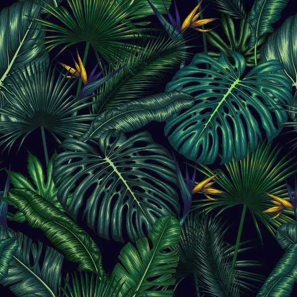 Seamless Vector Pattern Exotic Plants Monstera Palm Banana Leaves Aralia — Stok Vektör