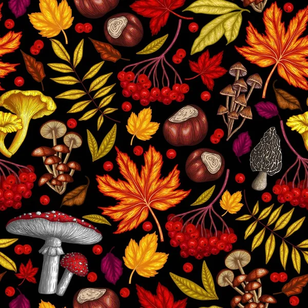 Seamless Vector Autumn Pattern Theme Background Maple Leaf Chestnut Mountain — 图库矢量图片
