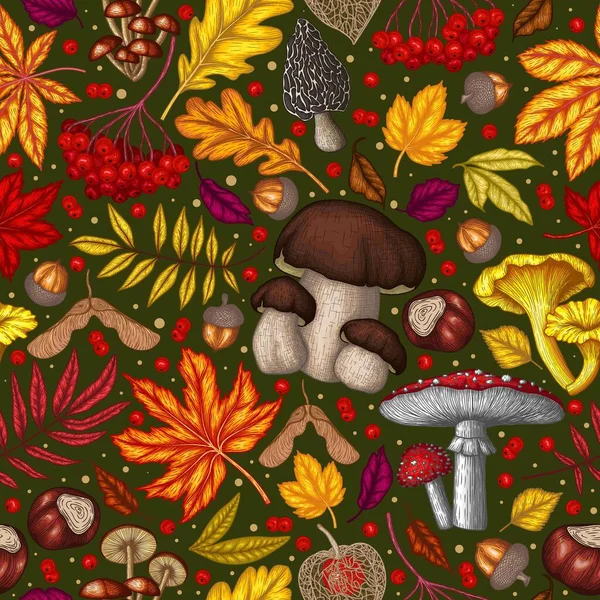 Seamless Vector Autumn Pattern Maple Leaf Chestnut Mountain Ash Chanterelles — Archivo Imágenes Vectoriales