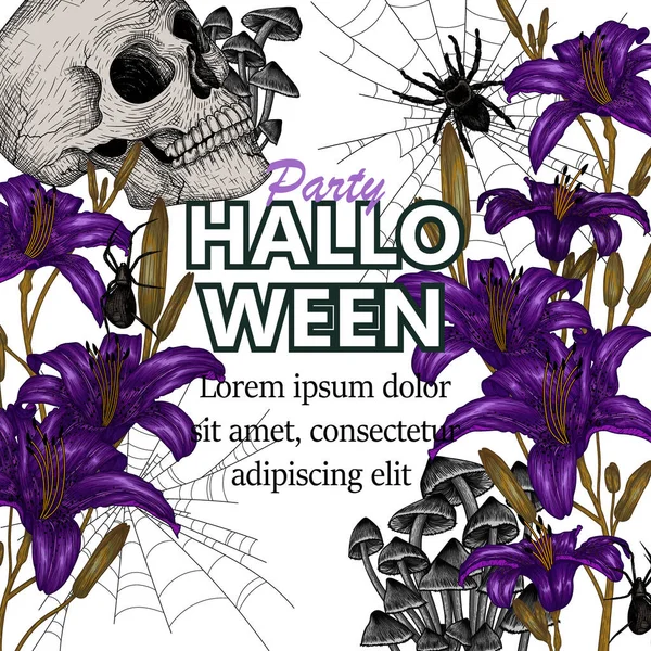 Vector Illustration Halloween Invitation Template Mystical Purple Lilies Skull Spiders — 图库矢量图片
