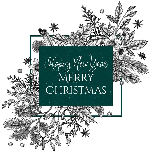  Noel için bir tebrik kartı şablonu. Üzerinde oyma tarzında Noel bitkileri var. Kozalaklı Noel ağacı dalı, ardıç, çam, kutsal, thuja, ökseotu, karabaş, köpek ağacı