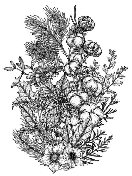 Ilustración Vectorial Ramo Navideño Estilo Grabado Rama Algodón Poinsentia Cotoneaster — Archivo Imágenes Vectoriales