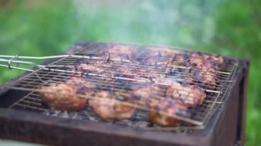 Izgarada yakın planda kızarmış et. Doğada dinlenme ve barbekü