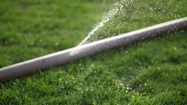 Close Water Breezes Automatic Lawn Watering Modern Green Grass Irrigation — Vídeo de Stock