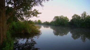 Forest river summer landscape. Spring meadow field Lake