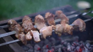 Izgarada yakın planda kızarmış et. Doğada dinlenme ve barbekü