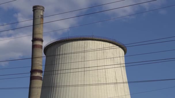 Thermal Power Plant Chp Chimney Blue Sky — Stockvideo