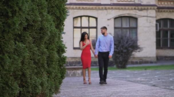 Beautiful Couple Boyfriend Girlfriend Walking Kissing Park Background Man Woman — стоковое видео