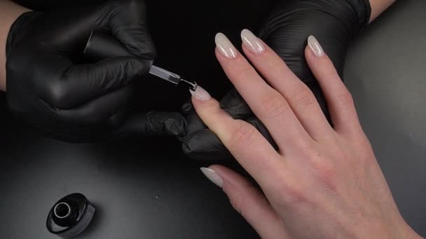 Working Manicure Close View Beauty Salon Hands Nails Dark Background — Stock Video