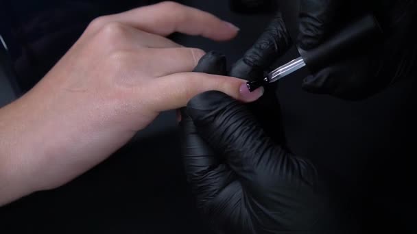 Close View Woman Black Gloves Working Manicure Beauty Salon — Stock Video