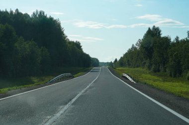 Ormanın içinden geçen boş bir otoyol. Güzel yaz manzarası arka planı. Seyahat