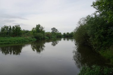 Güneşin son ışınlarıyla akşam manzarası. Yazın sabah nehir kenarında. Güzel doğa, tasarım için fotoğraf