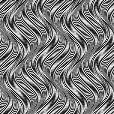 Siyah beyaz dalgalı çizgilerin eğri ve pürüzsüz deseni. Optik sanat tekrarlanabilir dokusu.