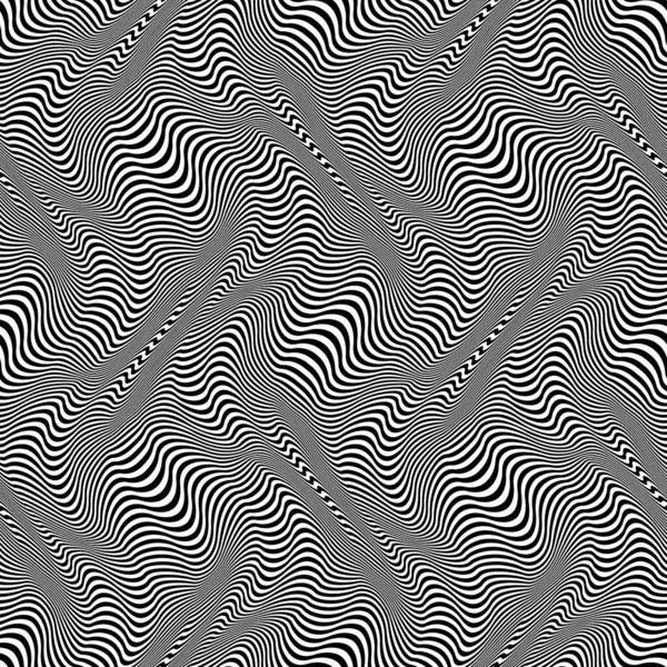 Verzogenes Nahtloses Muster Schwarz Weißer Wellenlinien Optische Kunst Reproduzierbare Textur — Stockvektor