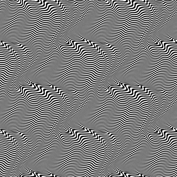 黒白のワープラインのシームレスなパターン 繰り返し可能な光波状のテクスチャ 現代のサイケデリック壁紙 — ストックベクタ
