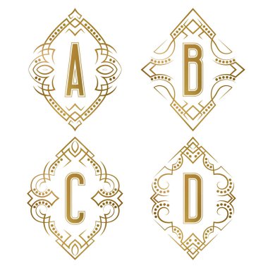 Desenli çerçevelerde klasik monogram seti. A, B, C ve D harflerinin retro logoları..