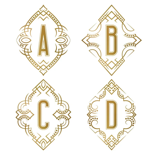 一套图案框架中的老式专著 D金色字母的复古标识 — 图库矢量图片