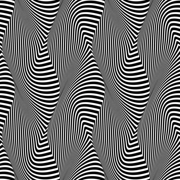 ゆがみのある縞模様の黒い白いシームレスなパターン トリッピーラインの光芸術再現性のあるテクスチャ — ストックベクタ