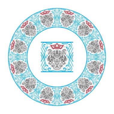 Süslü kaplan başlıklı desen fırçası ve yuvarlak çerçeve. Kaplan ağızlığı çiçek desenli sınırda..