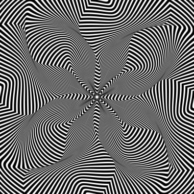 Bükülmüş siyah çizgilerin optik sanat dairesel deseni. Çarpık çizgili arkaplan tasarımı.