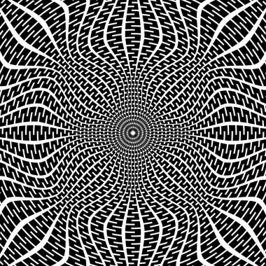 Op sanatının dairesel şekli kıvrımlı dekoratif siyah çizgiler. Psikedelik arkaplan tasarımı.