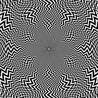 Radyasyon formunda zigzag siyah çizgilerin optik sanat dairesel deseni. Yuvarlak psikedelik arkaplan tasarımı.
